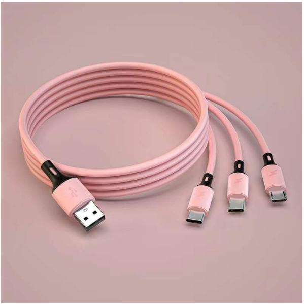 Liquid silicone one-in-three data cable 3A fast charging three-in-one charging cable [1.2m liquid one-in-three (pink)]