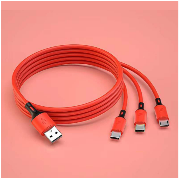 Liquid silicone one-in-three data cable 3A fast charging three-in-one charging cable [1.2m liquid one-in-three (red)]