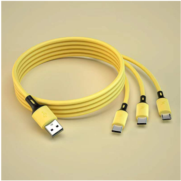 Liquid silicone one-in-three data cable 3A fast charging three-in-one charging cable [1.2m liquid one-in-three (yellow)]