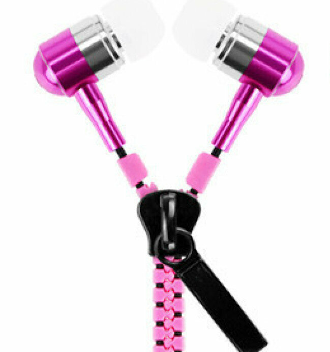 Zipper in-ear headphones with microphone, heavy bass (pink)