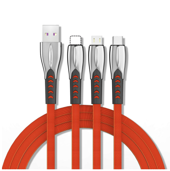 Zinc alloy one to three denim braided data cable shark fin 3A fast charging three-in-one mobile phone charging cable (red)