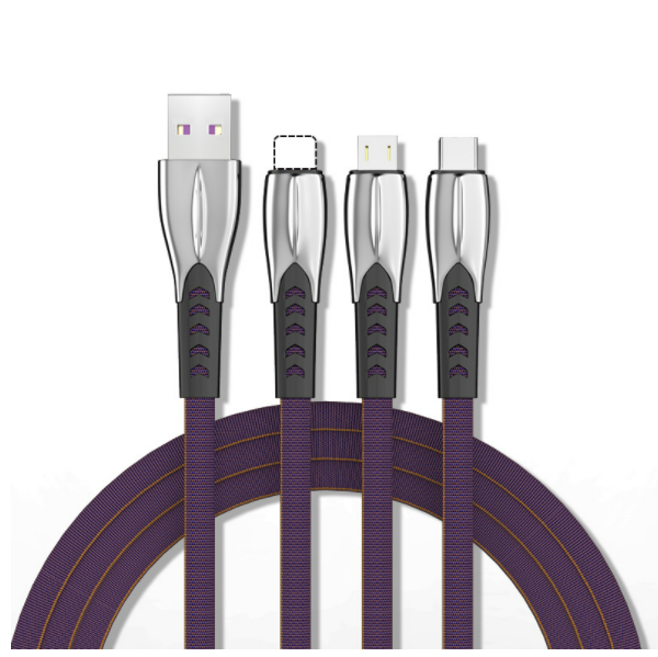 Zinc alloy one to three denim braided data cable shark fin 3A fast charging three-in-one mobile phone charging cable (blue)