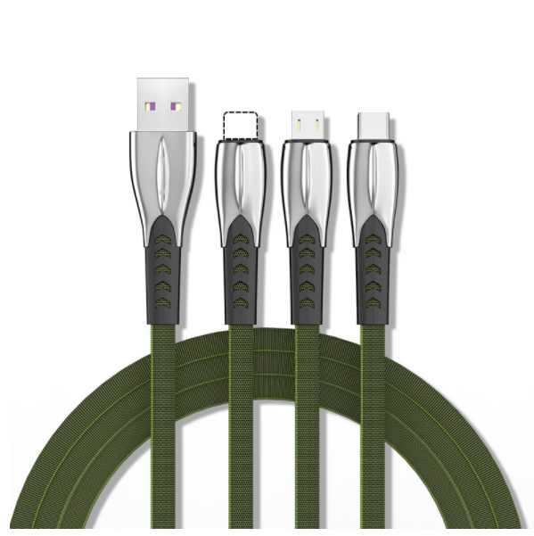 Zinc alloy one to three denim braided data cable shark fin 3A fast charging three-in-one mobile phone charging cable (green)
