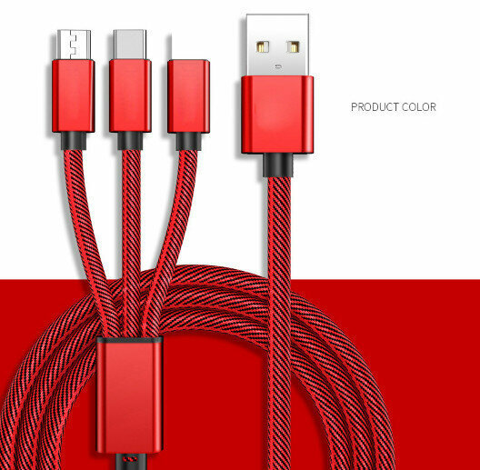 新款【2件裝】一拖三數據線適用於蘋果安卓TYPE-C USB充電線三合一快充（紅色-1米 三合一）