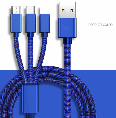 爆款【2件裝】一拖三數據線適用於蘋果安卓TYPE-C USB充電線三合一快充（藍色-1.5米 三合一）