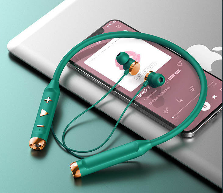 Flashlight Bluetooth magnetic neck-mounted wireless sports earphones with super long battery life and stereo sound (boxed green Bluetooth earphones with data cable, manual, and earmuffs)