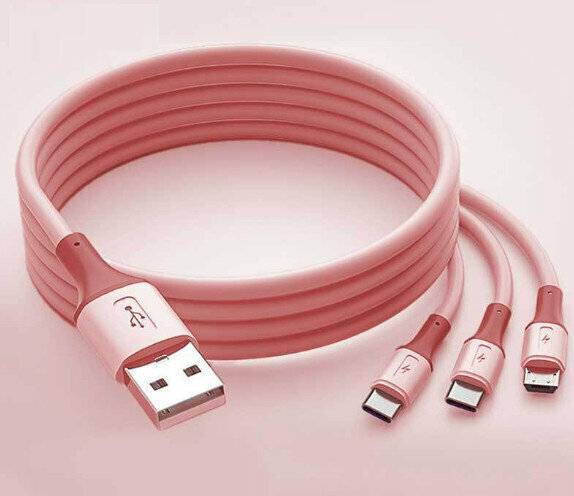 熱賣一拖三數據線 適用於蘋果安卓TYPE-C 三合一充電線（粉色1米）