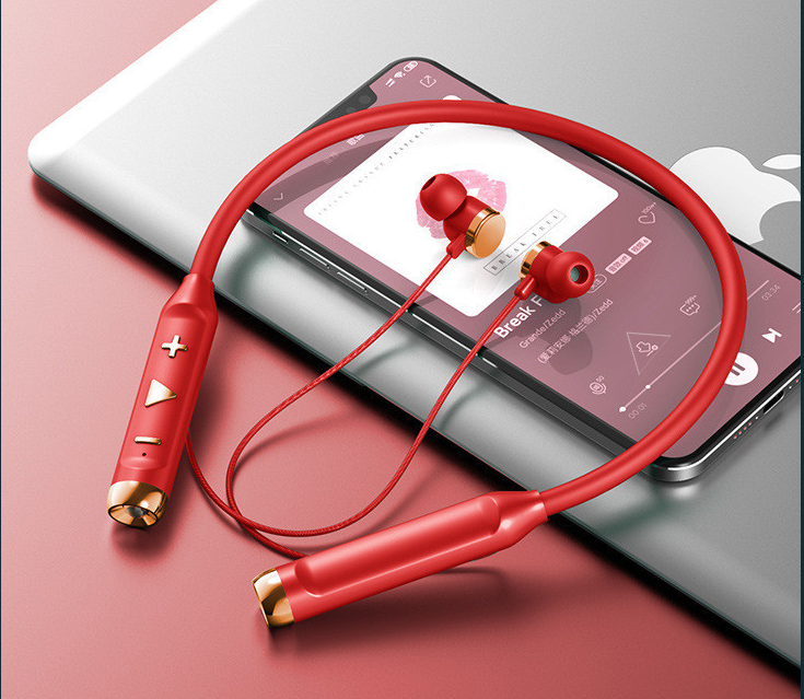 Flashlight Bluetooth magnetic neck-mounted wireless sports earphones with long battery life and stereo sound (boxed red Bluetooth earphones with data cable, manual, and earmuffs)