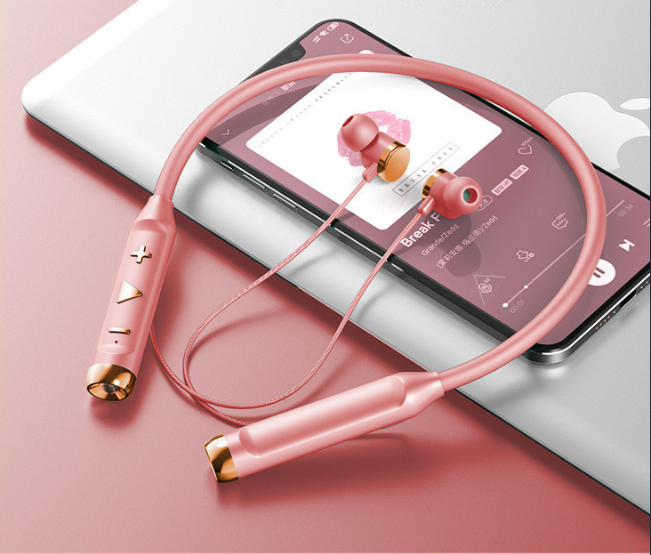 Flashlight Bluetooth magnetic neck-mounted wireless sports earphones with super long battery life and stereo sound (boxed pink Bluetooth earphones with data cable, manual, and earmuffs)