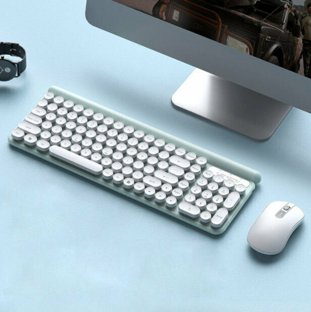 【Battery Version】Spill-proof Game Office Silent Computer Keyboard (L4T400 White Blue Wireless Set)