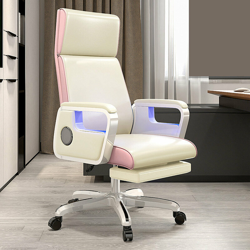 Computer chair home seat (white + foot rest (armrest, Bluetooth sound + ambient lighting))