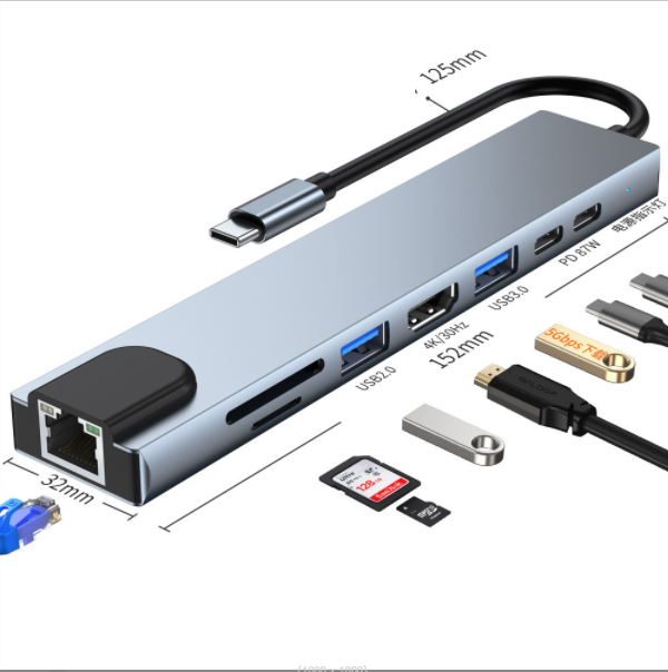 Type C Hub USB3.0 Converter Network Card Notebook 8-in-1 Docking Station (8in1 Type-C to HDMI+PD Fast Charging+PD Data+USB3.0+USB2.0+SD+TF)