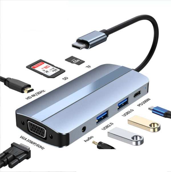 熱賣Type-c擴展塢 同顯 適用於macbook蘋果筆記本 usb hub（typec轉hdmi+pd+usb3.0+2.0+sd+tf+vga+Audio）