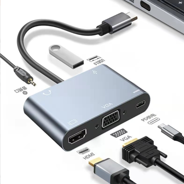 新款type-c轉vga hdmi 音訊 PD充電 筆記本手機拓展 usb擴展塢（5in1 typec轉hdmi+pd+vga+usb3.0+Audio）