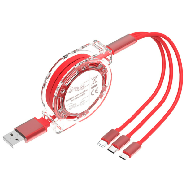 One-in-three telescopic data cable 3A fast charging 3-in-1 charging cable for mobile phone (red)