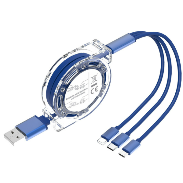 One-in-three telescopic data cable 3A fast charging 3-in-1 charging cable for mobile phone (blue)