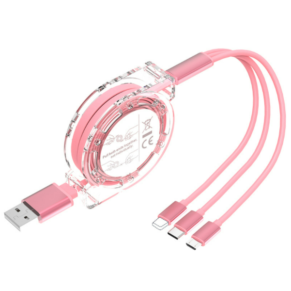 One-in-three telescopic data cable 3A fast charging three-in-one charging cable for mobile phone (pink)
