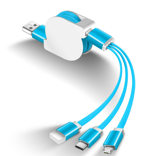 Multi-head multi-function telescopic fast charging one-in-three mobile phone charging cable (blue)