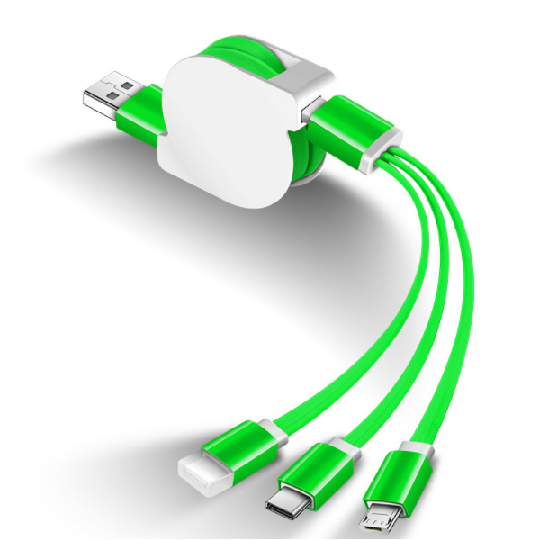 Multi-head multi-function telescopic fast charging one-in-three mobile phone charging cable (green)