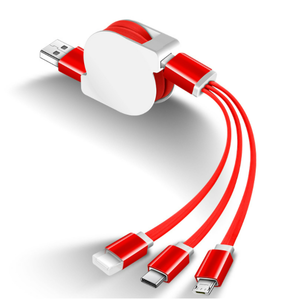 Multi-head multi-function telescopic fast charging one-in-three mobile phone charging cable (red)