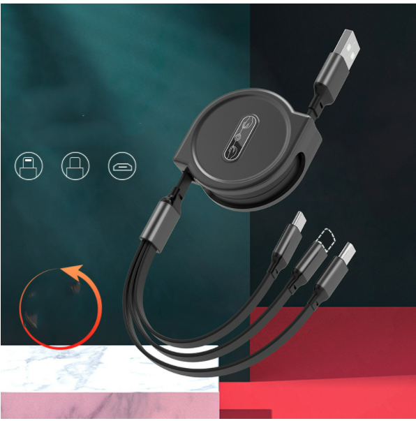 Car telescopic one-to-three data cable, three-in-one multi-head storage mobile phone fast charging charging cable (macaron, telescopic, one-to-three, black)