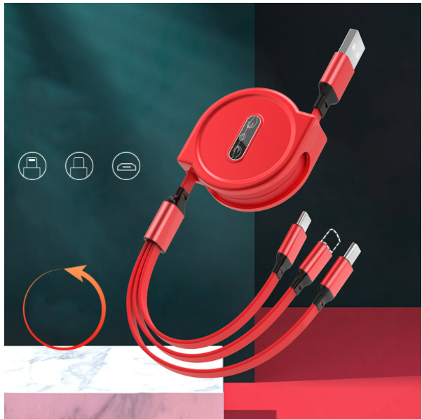 Car telescopic one-to-three data cable, three-in-one multi-head storage, mobile phone fast charging charging cable (macaron telescopic, one-to-three red)