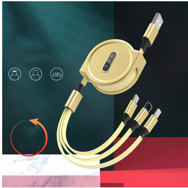 Car telescopic one-to-three data cable, three-in-one multi-head storage, mobile phone fast charging charging cable (macaron telescopic, one-to-three yellow)#