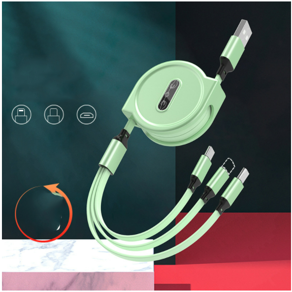 Car telescopic one-to-three data cable, three-in-one multi-head storage, mobile phone fast charging cable (macaron, telescopic, one-to-three, green)