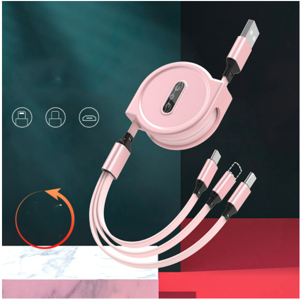 Car telescopic one-to-three data cable three-in-one multi-head storage mobile phone fast charging charging cable (macaron telescopic one-to-three pink)