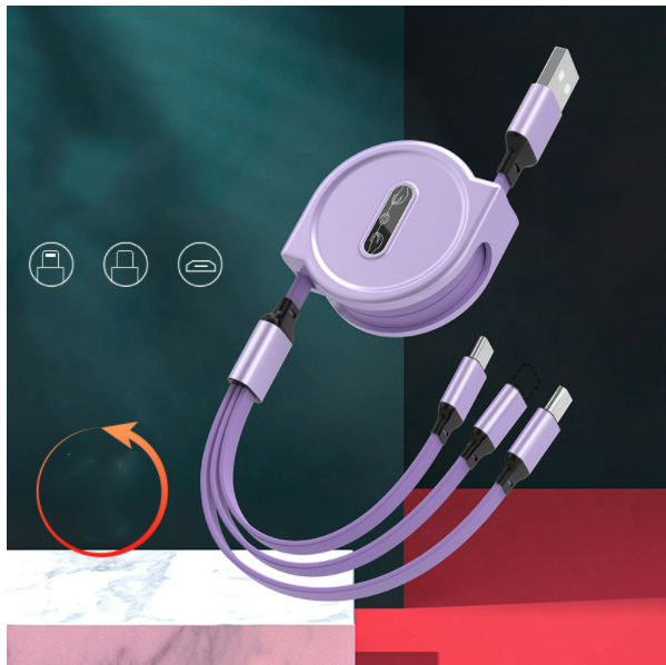Car telescopic one-to-three data cable, three-in-one multi-head storage, mobile phone fast charging charging cable (macaron, telescopic, one-to-three, purple)