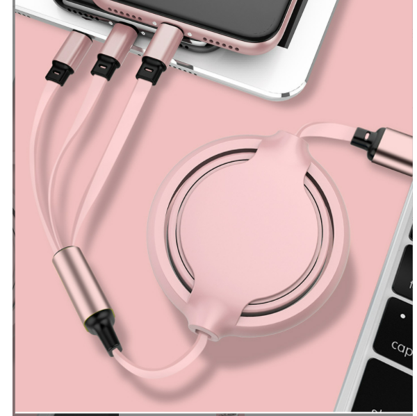 Telescopic one-to-three Apple Android Type-C charging cable (new middle circle one-to-three pink)