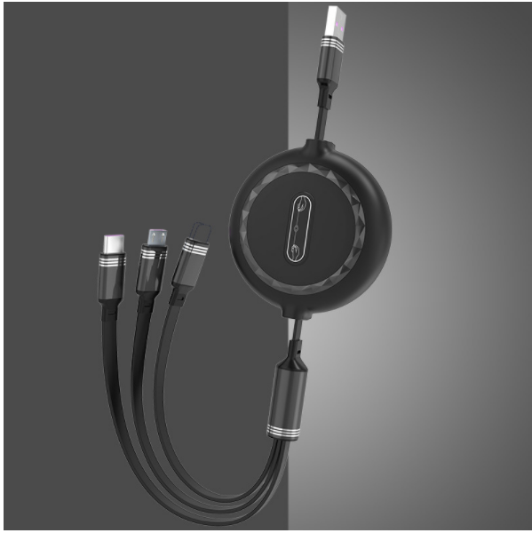 One-in-three telescopic data cable, three-in-one anti-tangle, 3A fast charging cable (telescopic safe, one-in-three, black)