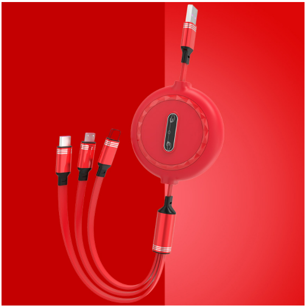 One-in-three telescopic data cable, three-in-one anti-tangle, 3A fast charging cable (telescopic safe, one-in-one, three-in-one, red)