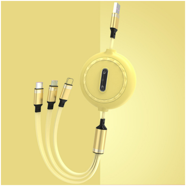 One-in-three telescopic data cable, three-in-one anti-tangle, 3A fast charging cable (telescopic Ping'an, one-in-one, three-in-one, yellow)