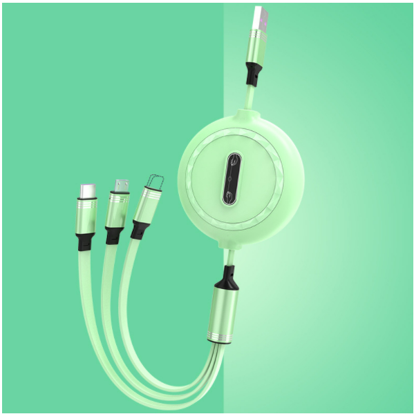 One-in-three telescopic data cable, three-in-one anti-tangle, 3A fast charging cable (telescopic safe, one-in-three, green)