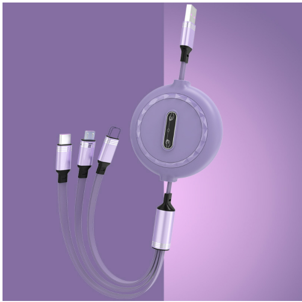 One-in-three telescopic data cable, three-in-one anti-tangle, 3A fast charging cable (telescopic safe, one-in-three, purple)