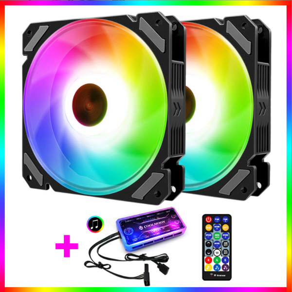 COOLMOON RGB Fan 12cm Case Fan Silent Desktop Cooling Fan (2 RGB Fans + 1 Set of Music/Motherboard Sync Controller)