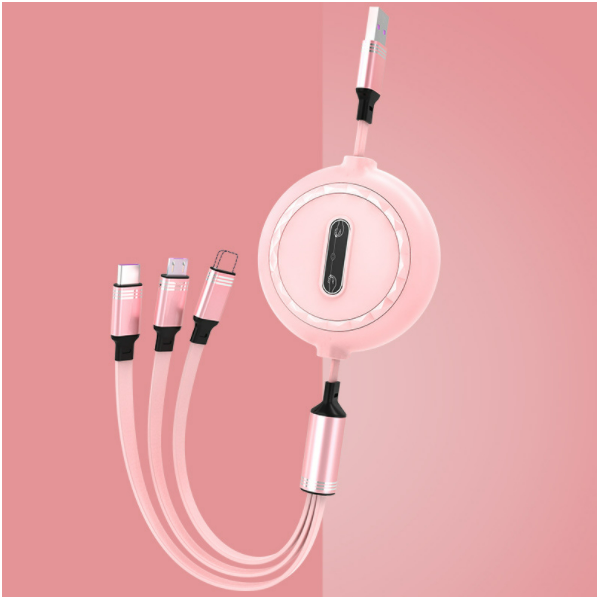 One-in-three telescopic data cable, three-in-one anti-tangle, 3A fast charging cable (telescopic safe, one-in-three pink)