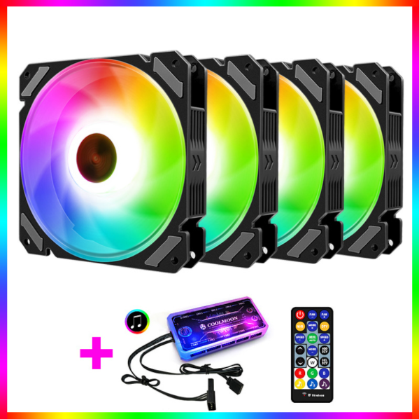 COOLMOON RGB Fan 12cm Case Fan Silent Desktop Cooling Fan (4 RGB Fans + 1 Set of Music/Motherboard Sync Controllers)