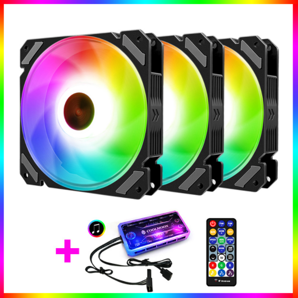 COOLMOON RGB Fan 12cm Case Fan Silent Desktop Cooling Fan (3 RGB Fans + 1 Set of Music/Motherboard Sync Controllers)