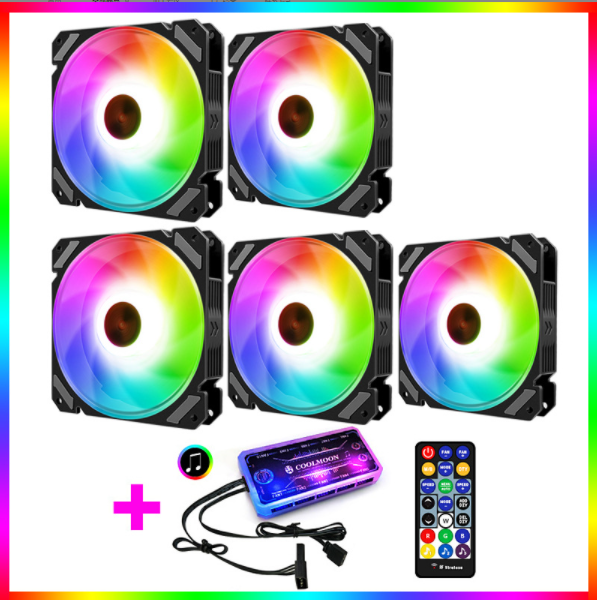 COOLMOON RGB Fan 12cm Case Fan Illuminated Silent Desktop Cooling Fan (5 RGB Fans + 1 Set of Music/Motherboard Sync Controllers)