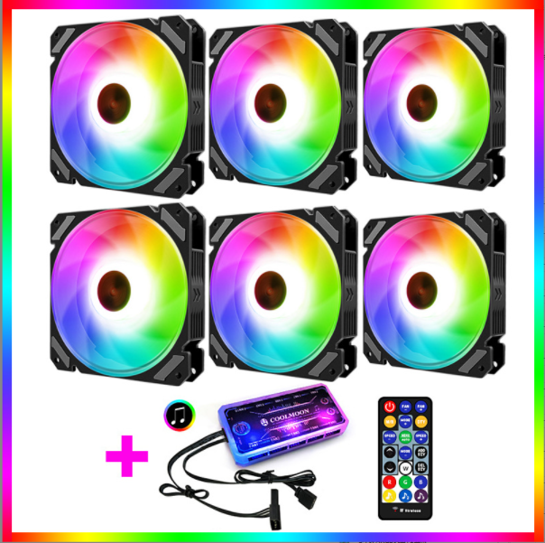 COOLMOON RGB Fan 12cm Case Fan Silent Desktop Cooling Fan (6 RGB Fans + 1 Set of Music/Motherboard Sync Controllers)