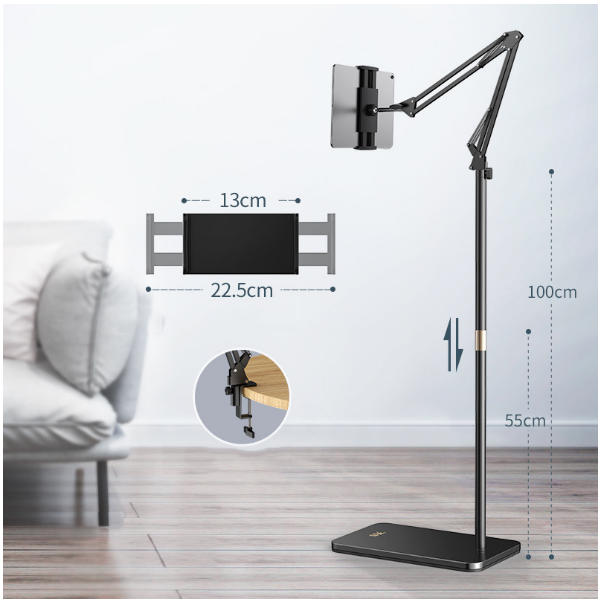 Mobile phone tablet stand, flooring bed, bedside mobile phone holder, pad tablet support rack [1.6m black telescopic model (with desktop chuck)]
