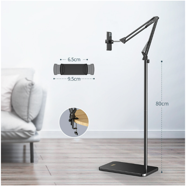 Mobile phone tablet stand, flooring bed, bedside mobile phone holder, pad tablet support rack [1.4m black fixed model*6.5 inch inner mobile phone holder (with desktop chuck)]