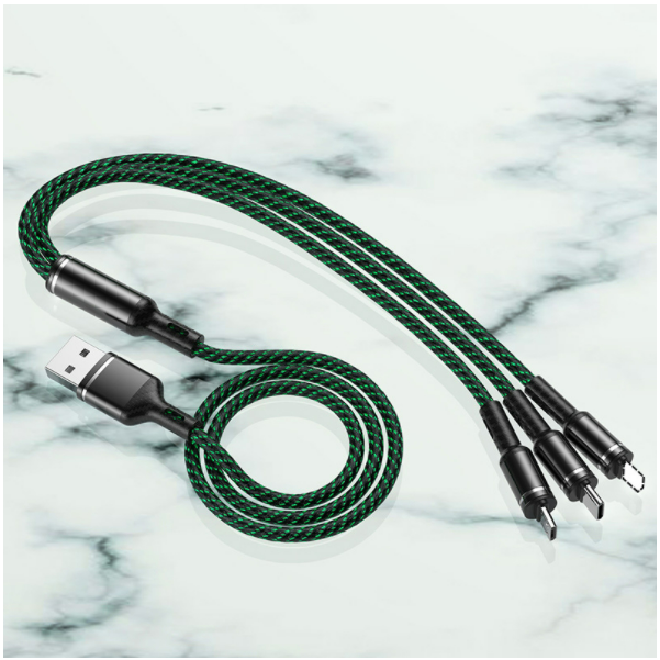 3A multi-head three-in-one mobile phone data cable (Long Xuan one drag three green)