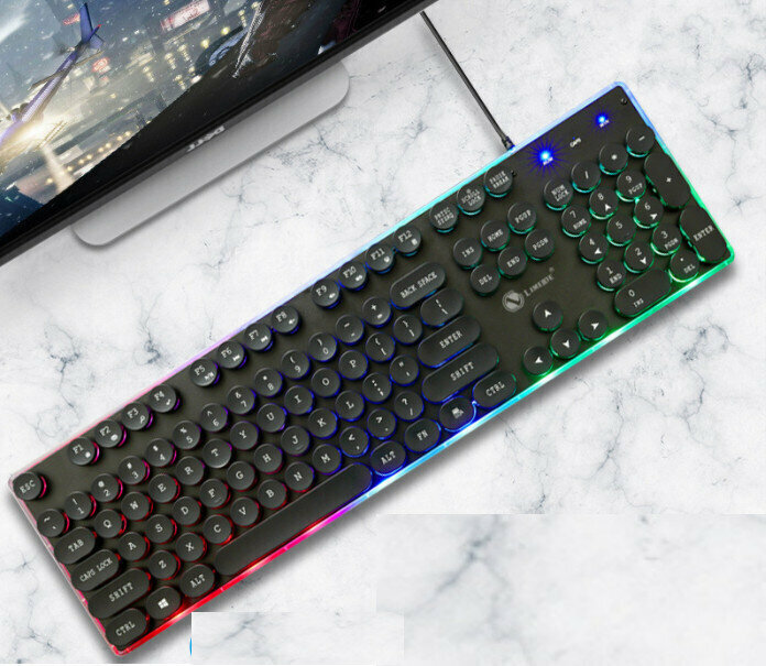 Wired Suspension Installation Machine Distribution Metal Iron Plate Keyboard and Mouse Set (GK102 Punk Round Key Keyboard Black)