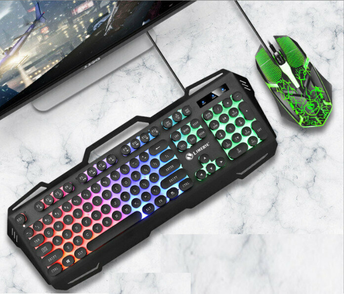 Wired Suspension Installation Delivery Metal Iron Plate Keyboard and Mouse Set (T22 Punk Metal Panel Button Mouse Set Black)