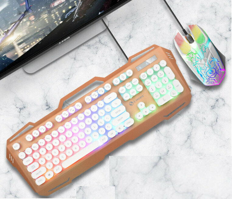 Wired Suspension Installation Machine Distribution Metal Iron Plate Keyboard and Mouse Set (T22 Punk Metal Panel Keyboard Mouse Set White)