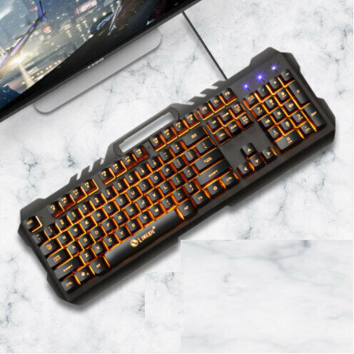 Wired Suspension Installation Machine Distribution Metal Iron Plate Keyboard and Mouse Set (K21 Orange Light Transparent Metal Panel Keyboard)