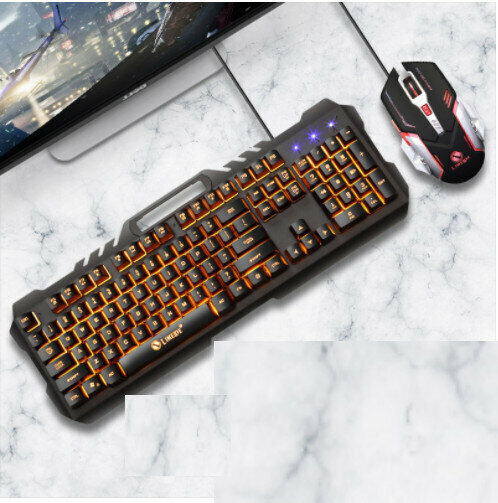 Wired suspension machine distribution metal iron plate keyboard and mouse set (T21 metal panel keyboard and mouse set orange light transparency)
